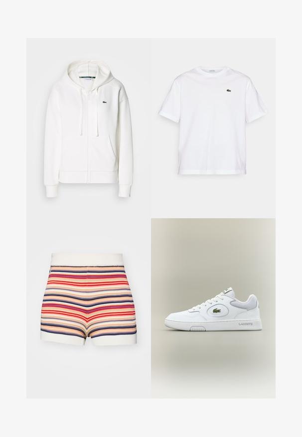 Veste à zip blanche en tissu doux, dotée d'une capuche, de poches kangourou et d'un petit logo vert Lacoste sur la poitrine gauche.; T-shirt en coton blanc avec un col rond et des manches courtes. Présente un logo brodé vert sur la poitrine. Texture douce, coupe décontractée.; Shorts rayés en crème, rouge, bleu et beige. Présentent une taille côtelée et des jambes courtes, avec un design tricoté texturé.; Baskets en cuir blanc avec des accents en mesh, bout rond et lacets plats. Présente un logo crocodile vert et une marque "LACOSTE" sur le talon.