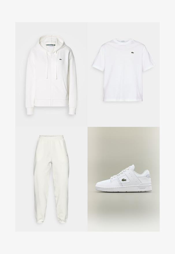 Hvit zip-genser laget av myk stoff, med hette, kenguru-lommer og en liten grønn Lacoste-logo på venstre bryst.; Hvit bomull T-skjorte med rund hals og korte ermer. Har en grønn brodert logo på brystet. Myk tekstur, avslappet passform.; Lyse fargede joggebukser i bomullsblanding med elastisk midje og mansjetter. Har sidelommer og en liten logo på hoften.; Hvit lær sneakers med en glatt overflate, rund tå, perforerte detaljer, et grønt krokodillelogo og "Lacoste"-merke på siden.