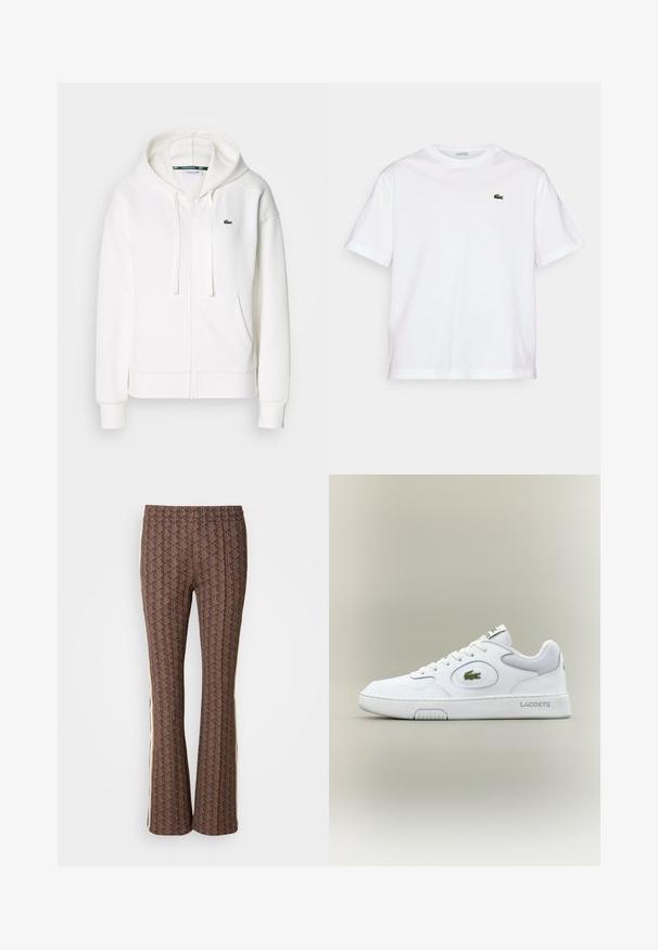Witte zip-up hoodie gemaakt van zachte stof, met een capuchon, kangoeroezakken en een klein groen Lacoste-logo op de linkerborst.; Witte katoenen T-shirt met een ronde hals en korte mouwen. Bevat een groen geborduurd logo op de borst. Zachte textuur, losse pasvorm.; Bruine geruite flared broek met een gestructureerd ontwerp, voorzien van zijkanten met strepen. Elastische tailleband voor comfort.; Witte leren sneaker met gaasaccenten, ronde neus en platte veters. Kenmerkt zich door een groen krokodillenlogo en "LACOSTE" branding op de hiel.