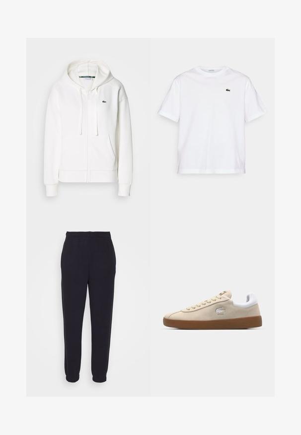 Weißer Reißverschluss-Hoodie aus weichem Stoff, mit Kapuze, Kängurutaschen und einem kleinen grünen Lacoste-Logo auf der linken Brust.; Weißes Baumwoll-T-Shirt mit rundem Halsausschnitt und kurzen Ärmeln. Mit grün gesticktem Logo auf der Brust. Weiche Textur, lässige Passform.; Schwarze Jogginghosen aus weichem Stoff, mit einem elastischen Bund und elastischen Bündchen an den Knöcheln, die für Komfort und ein angenehmes Tragegefühl ausgelegt sind.; Beige Wildledersneaker mit einer weißen Lederferse und einer Gummisohle. Verfügt über Schnürsenkel und ein Krokodillogo an der Seite. Einfaches Design.