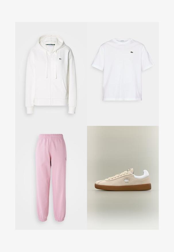 Hvit zip-genser laget av myk stoff, med hette, kenguru-lommer og en liten grønn Lacoste-logo på venstre bryst.; Hvit bomull T-skjorte med rund hals og korte ermer. Har en grønn brodert logo på brystet. Myk tekstur, avslappet passform.; Rosa joggebukser med elastisk midje og sammensnørte ermer. Laget av myk stoff, har en liten logo detalj foran.; Beige semsket sneaker med hvite detaljer og gummisåle. Har en hevet logo på siden og kontrastfargede beige snøring. Klassisk design.