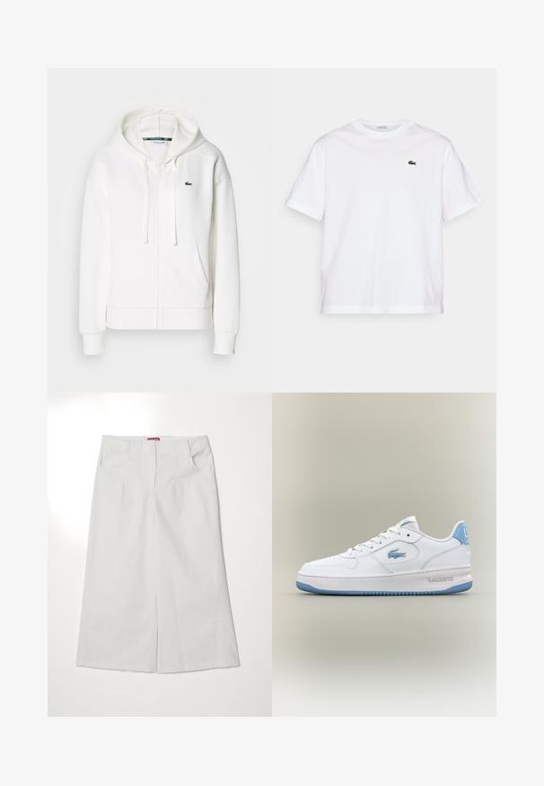 Biała bluza z kapturem na zamek, wykonana z miękkiego materiału, z kapturem, kieszeniami typu kangur i małym zielonym logo Lacoste na lewym piersi.; Biała bawełniana koszulka z okrągłym dekoltem i krótkimi rękawami. Posiada zielone haftowane logo na piersi. Miękka tekstura, luźny krój.; Białe spodnie z szerokimi nogawkami, wykonane z bawełny, z dwiema przednimi kieszeniami, gładką fakturą oraz prostym pasem z ukrytym zapięciem.; Białe trampki Lacoste z jasnoniebieskimi akcentami, sznurówki z przodu i logo krokodyla na boku oraz pięcie, izolowane na neutralnym tle.
