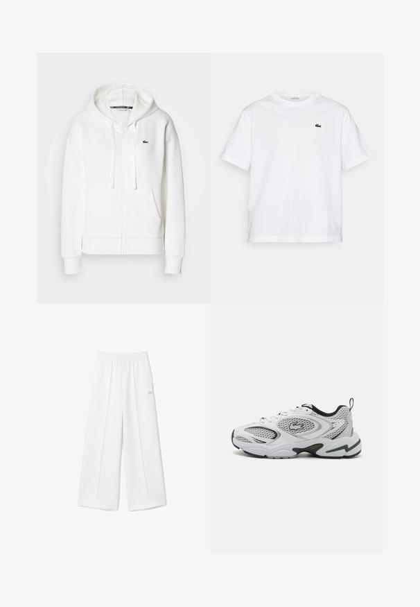 Λευκή φούτερ ζακέτα με μαλακό ύφασμα, διαθέτει κουκούλα, τσέπες καγκουρό και ένα μικρό πράσινο λογότυπο Lacoste στο αριστερό στήθος.; Λευκό βαμβακερό T-shirt με στρογγυλή λαιμόκοψη και κοντά μανίκια. Διαθέτει ένα πράσινο κεντημένο λογότυπο στο στήθος. Μαλακή υφή, άνετη εφαρμογή.; Λευκά παντελόνια σε ίσια γραμμή με ελαστική μέση, μαλακή υφή υφάσματος, κεντρικές πτυχές και μικρό λογότυπο Lacoste κεντημένο στο πλάι.; Λευκά αθλητικά παπούτσια με πάνελ από δίχτυ, μαύρες λεπτομέρειες και υφή στη σόλα. Διαθέτουν κομψό σχέδιο και έναν εξέχοντα λογότυπο στο πλάι.