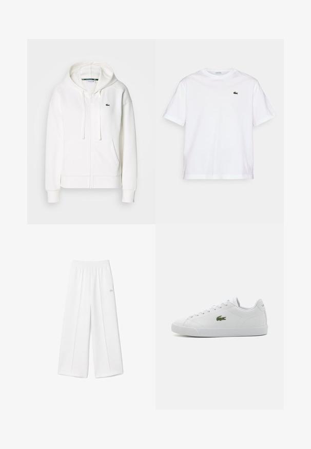 Balta užtrauktuku uždaroma hoodie pagaminta iš minkštos medžiagos, su kapišonu, kengūros kišenėmis ir mažuoju žaliuoju Lacoste logotipu kairėje krūtinės pusėje.; Balta medvilninė marškinė su apvalia iškirpte ir trumpomis rankovėmis. Pirmoje pusėje priklijuotas žalias siuvinėtas logotipas. Minkšta tekstūra, laisvas siluetas.; Baltos plačios kelnės su elastinga juosmeniu, minkštos audinio tekstūros, vidurinėmis klostėmis ir mažu išsiuvinėtu Lacoste logotipu šone.; Baltos odinės sportinės bateliai su apvaliu pirštu, raištelių dizainu, žaliu siuvinėtu krokodilo logotipu ir tekstūruotu guminio pado.