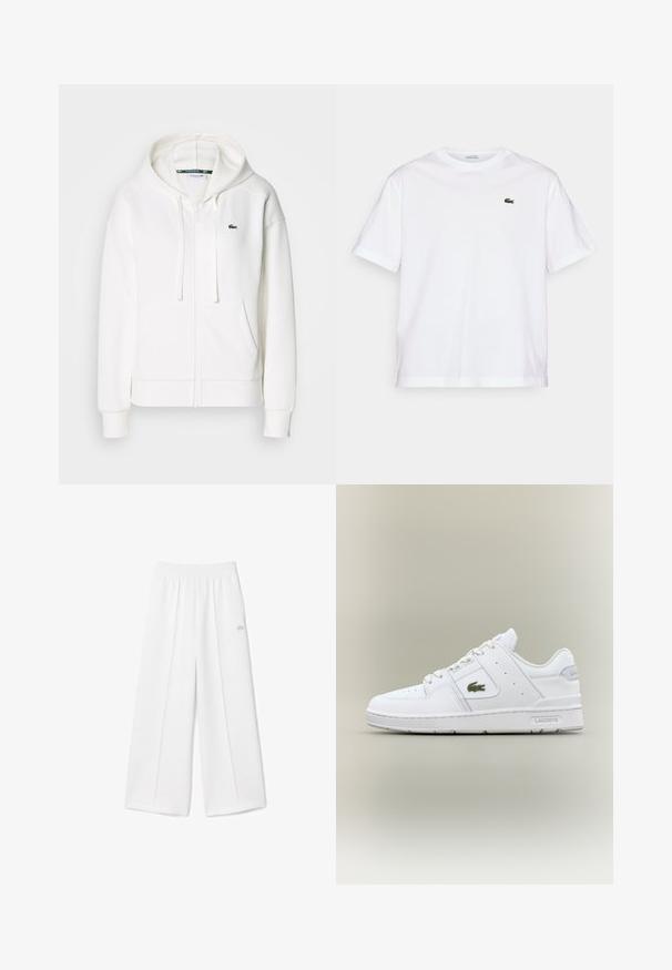 Balta užtrauktuku uždaroma hoodie pagaminta iš minkštos medžiagos, su kapišonu, kengūros kišenėmis ir mažuoju žaliuoju Lacoste logotipu kairėje krūtinės pusėje.; Balta medvilninė marškinė su apvalia iškirpte ir trumpomis rankovėmis. Pirmoje pusėje priklijuotas žalias siuvinėtas logotipas. Minkšta tekstūra, laisvas siluetas.; Baltos plačios kelnės su elastinga juosmeniu, minkštos audinio tekstūros, vidurinėmis klostėmis ir mažu išsiuvinėtu Lacoste logotipu šone.; Balti odiniai sportbačiai su lygia tekstūra, apvalia nosimi, perforuotais raštais, žaliu krokodilo logotipu ir "Lacoste" ženklu šone.
