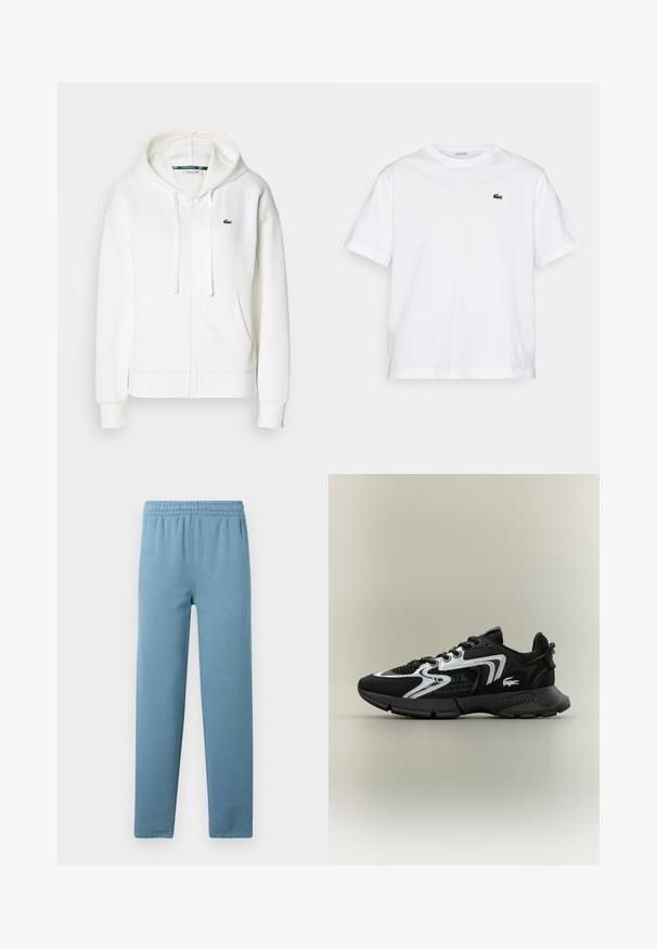 Weißer Reißverschluss-Hoodie aus weichem Stoff, mit Kapuze, Kängurutaschen und einem kleinen grünen Lacoste-Logo auf der linken Brust.; Weißes Baumwoll-T-Shirt mit rundem Halsausschnitt und kurzen Ärmeln. Mit grün gesticktem Logo auf der Brust. Weiche Textur, lässige Passform.; Helleblue Sweatpants aus weichem Stoff mit elastischem Bund, schmal zulaufenden Beinen und einem dezenten, auf der Vorderseite eingeprägten Markenlogo.; Schwarze Sportschuhe mit Mesh-Einsätzen, silberne Akzente und strukturierten schwarzen Überzügen. Mit Schnürsenkeln und einer gebogenen, robusten Laufsohle.