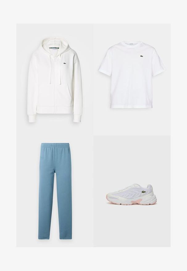 Balts zip-up kapuci džemperis, izgatavots no mīkstas auduma, ar kapuci, kangoru kabatām un mazu zaļu Lacoste logotipu kreisajā krūtī.; Balta kokvilnas T-kreklu ar apaļu kakla izgriezumu un īsām piedurknēm. Uz krūtīm ir zaļš izšūts logotips. Mīksta tekstūra, brīvi pieguļošs fasona.; Gaišzilas sporta bikses, izgatavotas no mīkstas auduma ar elastīgu jostu, šaurām kājām un diskrētu zīmola logotipu iespiestu priekšā.; Baltas sporta apavi ar tekstūru tīkla virsmu, diskrētām rozā akcentiem uz zoles un zaļu krokodila logotipu sānos.