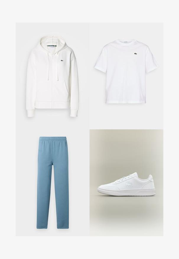 White zip-up hoodie made of soft fabric, featuring a hood, kangaroo pockets, and a small green Lacoste logo on the left chest.; White cotton T-shirt with a round neckline and short sleeves. Features a green embroidered logo on the chest. Soft texture, relaxed fit.; Light blue sweatpants made of soft fabric with an elastic waistband, tapered legs, and a subtle brand logo embossed on the front.; White sneaker featuring smooth material, rounded toe, lace-up design, subtle logo detail on the side, and textured sole.