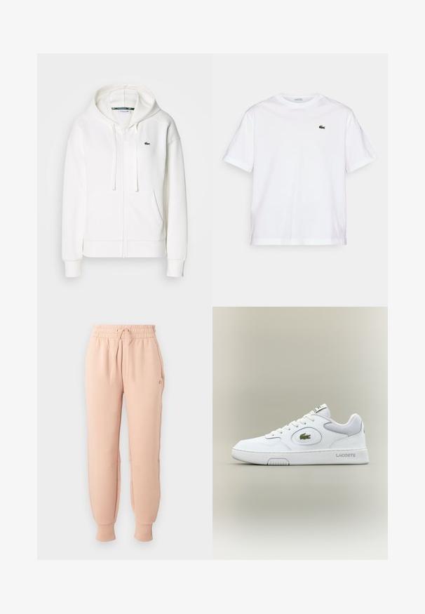 Fehér cipzáras kapucnis pulóver, puha anyagból, kapucnival, kenguru zsebekkel és egy kis zöld Lacoste logóval a bal mellen.; Fehér pamut póló, kerek nyakkivágással és rövid ujjakkal. A mellkason zöld hímzett logóval rendelkezik. Puha tapintású, laza szabású.; Világos rózsaszín melegítőnadrág, rugalmas derékrésszel és állítható zsinórral, szűkített szárakkal és oldalsó zsebekkel, puha anyagból készült.; Fehér bőr sneaker hálós részletekkel, kerek orral és lapos fűzőkkel. Zöld krokodil logóval és "LACOSTE" felirattal a saroknál.