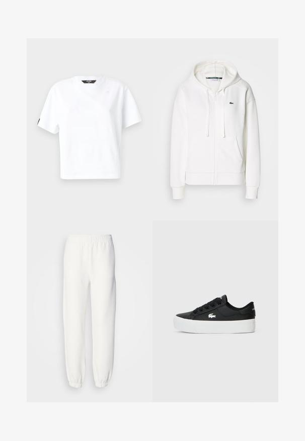 Hvid zip hoodie lavet af blødt stof, med hætte, kængurulommer og et lille grønt Lacoste-logo på venstre bryst.; Hvid bomulds T-shirt, korte ærmer, rund hals, med et lille logo på fronten og en sort detalje på venstre ærme.; Hvide sweatpants lavet af blød, strikket stof. Elastisk talje og manchetter giver en afslappet pasform. Minimalistisk design, ingen synlige mønstre eller accenter.; Sort lavtop sneaker lavet af syntetisk materiale, med en hvid gummisål, sorte snørebånd og et lille hvidt logo på siden.