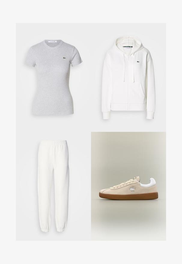 Bílá mikina na zip vyrobená z měkké látky, s kapucí, klokankovými kapsami a malým zeleným logem Lacoste na levé straně hrudi.; Světle šedé upnuté tričko s krátkým rukávem a kulatým výstřihem, s malým zeleným krokodýlem Lacoste na levé části hrudi.; Bílé tepláky vyrobené z měkké pleteniny. Elastický pás a manžety zajišťují pohodlný střih. Minimalistický design, žádné viditelné vzory nebo akcenty.; Béžové semišové tenisky s bílými akcenty a gumovou podrážkou. Vybaveny vyvýšeným logem na boku a kontrastními béžovými tkaničkami. Klasický design.