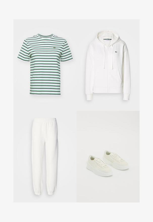 Balts zip-up kapuci džemperis, izgatavots no mīkstas auduma, ar kapuci, kangoru kabatām un mazu zaļu Lacoste logotipu kreisajā krūtī.; Kokvilnas T-krekls ar īsām piedurknēm, ar horizontālām svītrām baltā, zaļā un melnā krāsā. Mazs logo kreisajā krūtīs. Apaļa kakla izgriezuma forma.; Baltās sporta bikses, kas izgatavotas no mīksta adīta auduma. Elastīga josta un piedurknes nodrošina brīvu piegriezumu. Minimālistisks dizains, bez redzamām rakstu vai akcentu detaļām.; Baltas zemas sporta apavi ar bieziem zolī un auklām, ar perorētām detaļām sānos un purngala daļā, izlikti uz baltas fona.