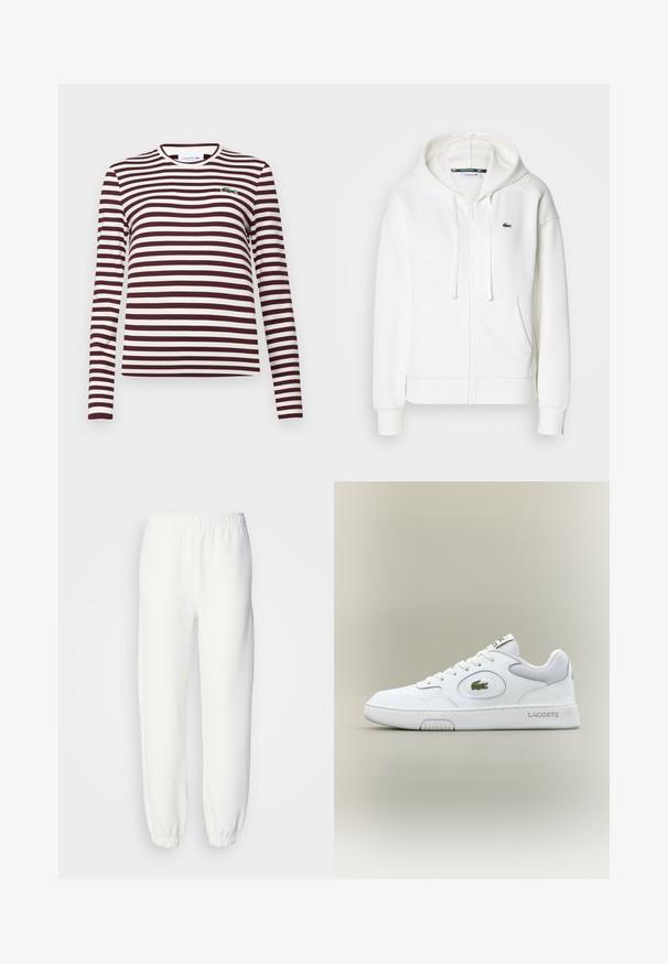 Weißer Reißverschluss-Hoodie aus weichem Stoff, mit Kapuze, Kängurutaschen und einem kleinen grünen Lacoste-Logo auf der linken Brust.; Lacoste Langarmshirt - expresso, flour; Weiße Sweatpants aus weichem, gestricktem Stoff. Der elastische Bund und die Bündchen sorgen für eine bequeme Passform. Minimalistisches Design, ohne sichtbare Muster oder Akzente.; Weiße Leder Sneaker mit Mesh-Akzenten, runder Zehenpartie und flachen Schnürsenkeln. Mit grünem Krokodil-Logo und "LACOSTE"-Branding an der Ferse.