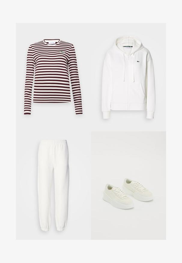 Weißer Reißverschluss-Hoodie aus weichem Stoff, mit Kapuze, Kängurutaschen und einem kleinen grünen Lacoste-Logo auf der linken Brust.; Lacoste Langarmshirt - expresso, flour; Weiße Sweatpants aus weichem, gestricktem Stoff. Der elastische Bund und die Bündchen sorgen für eine bequeme Passform. Minimalistisches Design, ohne sichtbare Muster oder Akzente.; Weiße Low-Top-Sneaker mit dicken Sohlen und Schnürsenkeln, versehen mit durchbrochenen Details an den Seiten und im Zehenbereich, auf einem weißen Hintergrund präsentiert.