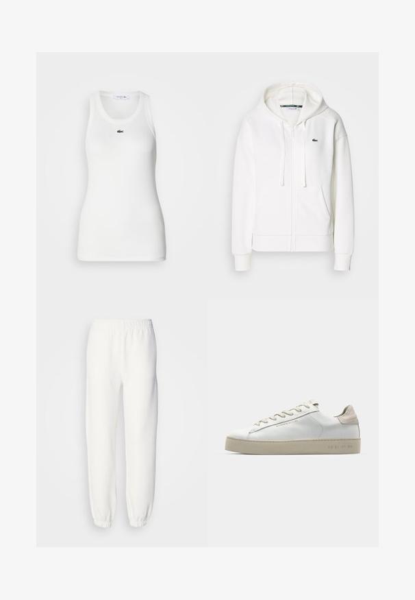Veste à zip blanche en tissu doux, dotée d'une capuche, de poches kangourou et d'un petit logo vert Lacoste sur la poitrine gauche.; Débardeur blanc sans manches avec un col rond et une texture côtelée. Présente un petit logo crocodile vert de Lacoste sur la poitrine.; Pantalon de survêtement blanc en tissu tricoté doux. La taille et les poignets élastiques assurent une coupe décontractée. Design minimaliste, sans motifs ni accents visibles.; Sneaker en cuir blanc avec une finition lisse, accents en suède beige, bout arrondi, design à lacets plats et semelle en caoutchouc texturée.