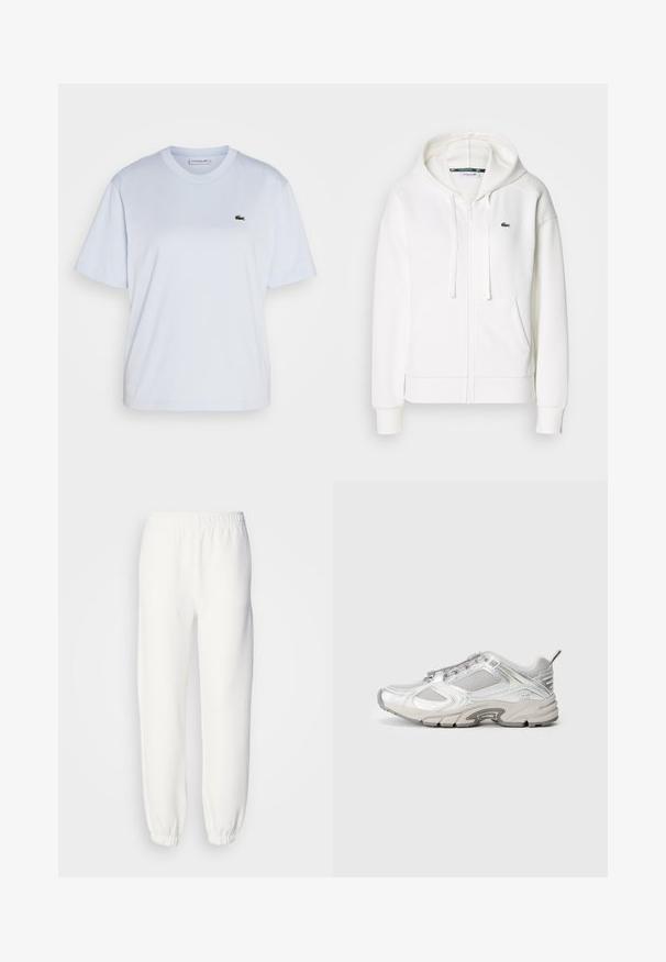 Biely zipsový mikina vyrobená z mäkkej tkaniny, s kapucňou, klokankovými vreckami a malým zeleným logom Lacoste na ľavej hrudi.; Lacoste Základné tričko - phoenix blue; Biele tepláky vyrobené z mäkkej pletenej tkaniny. Elastický pás a manžety zabezpečujú uvoľnené nosenie. Minimalistický dizajn, bez viditeľných vzorov alebo akcentov.; Bežecké topánky z bielej sieťoviny s kovovými akcentmi, štruktúrovanými prekrytiami a hrubou podrážkou. Obsahujú predný šnurovací systém a zadný úchyt.