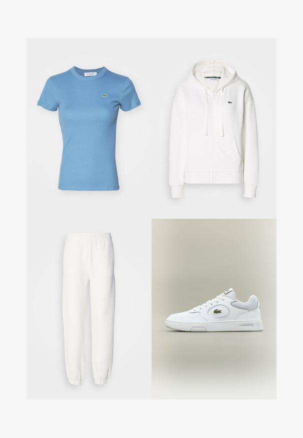 Balta užtrauktuku uždaroma hoodie pagaminta iš minkštos medžiagos, su kapišonu, kengūros kišenėmis ir mažuoju žaliuoju Lacoste logotipu kairėje krūtinės pusėje.; Šviesiai mėlyna juostuota marškinėliai su trumpomis rankovėmis ir prigludusia forma. Ant krūtinės yra mažas žalias Lacoste logotipas.; Balti sportiniai džinsai, pagaminti iš minkštos, megztos medžiagos. Elastinga juosta ir rankogaliai suteikia patogų prigludimą. Minimalistinis dizainas, be matomų raštų ar akcentų.; Balti odiniai sportbačiai su tinkliniu akcentu, apvaliu nosiu ir plokščiomis raištelėmis. Ant kulno yra žalias krokodilo logotipas ir "LACOSTE" prekės ženklas.