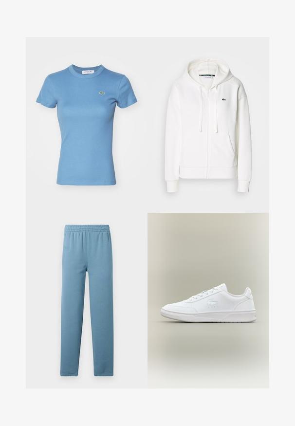 Valge lukuga kapuutsiga dressipluus, mis on valmistatud pehmest kangast. Sellel on kapuuts, konksukotid ja vasakul rinnal väike roheline Lacoste logo.; Heledad sinine ribaga T-särk lühikeste varrukatega ja sobiva lõikega. Rinnal on väike roheline Lacoste logo.; Heledad sinised dressipüksid, millel on pehme kangas, elastne vöökoht, kitsenevad säärted ja diskreetne brändi logo esiosas.; Valged sneake'rid, millel on sile materjal, ümar varvas, nööridega disain, peen logo detail külje peal ja tekstureeritud tallad.