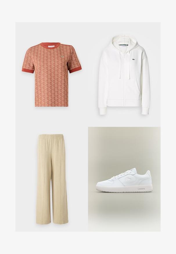 Biała bluza z kapturem na zamek, wykonana z miękkiego materiału, z kapturem, kieszeniami typu kangur i małym zielonym logo Lacoste na lewym piersi.; Koszulka z krótkim rękawem w kolorze terakoty z teksturowanym wzorem geometrycznym, żebrowanym okrągłym dekoltem i kontrastującymi czerwonymi akcentami na rękawach.; Beżowe spodnie o szerokich nogawkach z elastycznym pasem i widocznymi szwami bocznymi. Wykonane z miękkiego materiału o gładkiej fakturze.; Białe skórzane sneakersy o gładkim wykończeniu, okrągłym nosku, sznurowanym projekcie i subtelnie wytłoczonym logo z boku. Posiadają kauczukową podeszwę.