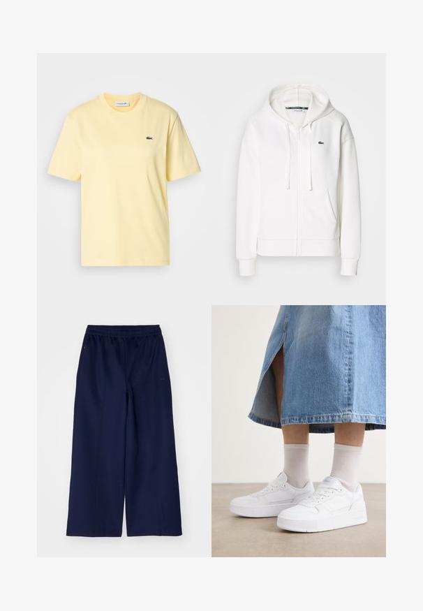 Hvit zip-genser laget av myk stoff, med hette, kenguru-lommer og en liten grønn Lacoste-logo på venstre bryst.; Gul bomull T-skjorte med korte ermer og rund hals. Har en liten grønn brodert krokodille-logo på brystet.; Mørkeblå brede bukser med elastisk liv. Laget av et glatt stoff med minimal søm og ingen synlige lommer.; Hvite joggesko med teksturert lær, med plattformsåle, rund tå og snøring; kombinert med lysegrå ankelsokker og et denimskjørt.