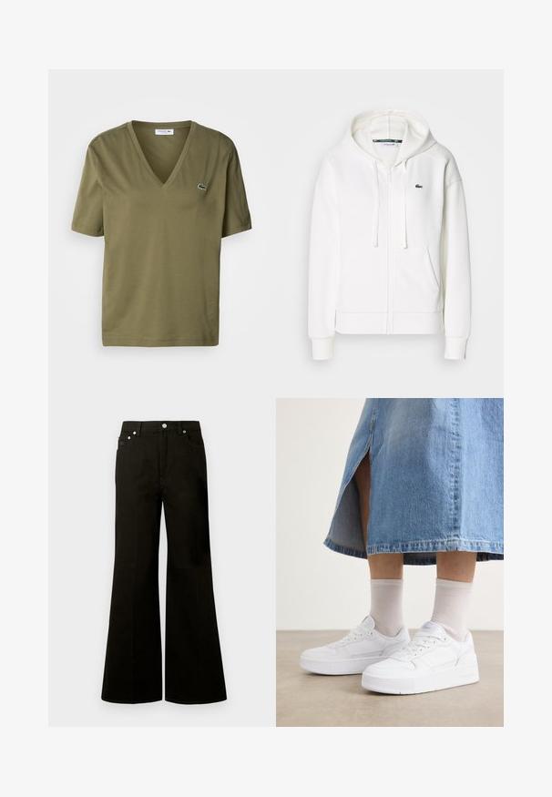 Sweatshirt branca com fecho éclair, feita de um tecido macio, com capuz, bolsos tipo canguru e um pequeno logótipo verde da Lacoste no lado esquerdo do peito.; T-shirt de algodão verde-azeitona com um design de decote em V e mangas curtas. Apresenta um pequeno logótipo de crocodilo bordado no lado esquerdo do peito.; Calças de ganga pretas de cintura alta e perna larga, com botão e fecho éclair frontal, passadores para cinto e cinco bolsos, incluindo um pequeno bolso para moedas.; Tenis brancos em couro texturizado, com sola plataforma, bico arredondado e sistema de atacadores; combinados com meias de crew cinza claro e uma saia de ganga.