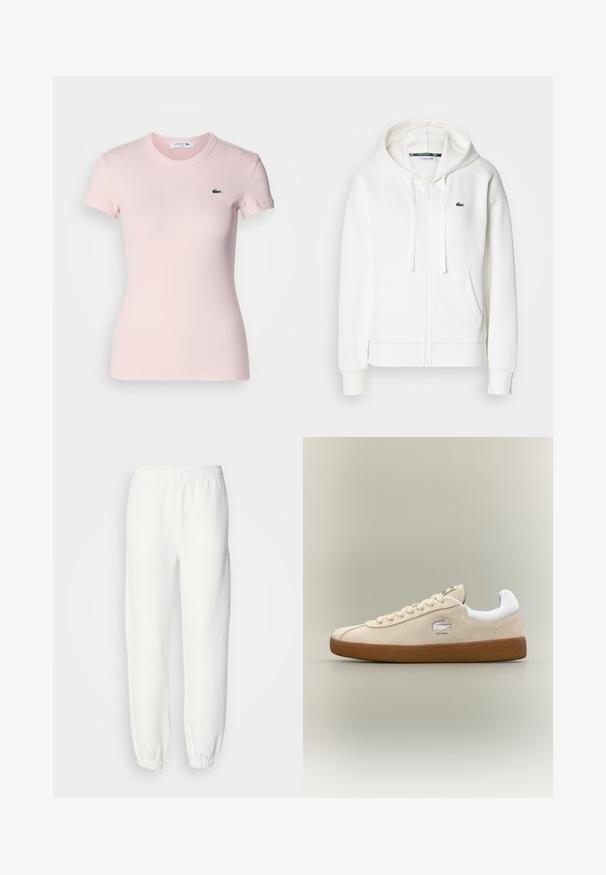 Balta užtrauktuku uždaroma hoodie pagaminta iš minkštos medžiagos, su kapišonu, kengūros kišenėmis ir mažuoju žaliuoju Lacoste logotipu kairėje krūtinės pusėje.; Šviesiai rožinė raštuota trumpomis rankovėmis marškinėliai su apvaliu iškirpimu ir mažuoju žaliu Lacoste logotipu kairėje krūtinės pusėje. Lygus paviršius.; Balti sportiniai džinsai, pagaminti iš minkštos, megztos medžiagos. Elastinga juosta ir rankogaliai suteikia patogų prigludimą. Minimalistinis dizainas, be matomų raštų ar akcentų.; Bežiniai zomšiniai sportbačiai su baltais akcentais ir guminiais padais. Šone yra iškilęs logotipas ir kontrastinės bežinės raišteliai. Klasikinis dizainas.
