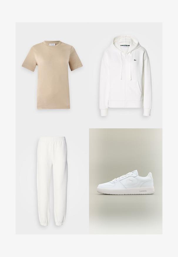 Hanorac alb cu fermoar, realizat dintr-un material moale, având glugă, buzunare tip cangur și un mic logo verde Lacoste pe partea stângă a pieptului.; Tricou din bumbac bej, cu mâneci scurte, guler rotund, având logo-ul embosat "LACOSTE" pe piept, textură fină și croială standard.; Pantaloni de trening albi dintr-un material tricotat moale. Talie și manșete elastice pentru un confort sporit. Design minimalist, fără modele sau accente vizibile.; Sneaker din piele albă cu un finisaj neted, vârf rotund, design cu șireturi și un logo subtil embosat pe lateral. Dispune de o talpă din cauciuc.