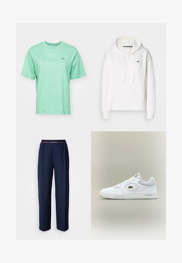 Sudadera blanca con cremallera hecha de tela suave, que cuenta con una capucha, bolsillos tipo canguro y un pequeño logo verde de Lacoste en el lado izquierdo del pecho.; Camiseta de algodón verde claro con mangas cortas y cuello redondo, que cuenta con un pequeño logo bordado en el área del pecho izquierdo.; Pantalones navy de tejido suave, con un diseño plisado, perneras anchas y una cinturilla con el logo de Lacoste y detalles en rojo.; Zapatilla blanca de cuero con detalles de malla, punta redonda y cordones planos. Presenta un logo de cocodrilo verde y la marca "LACOSTE" en el talón.