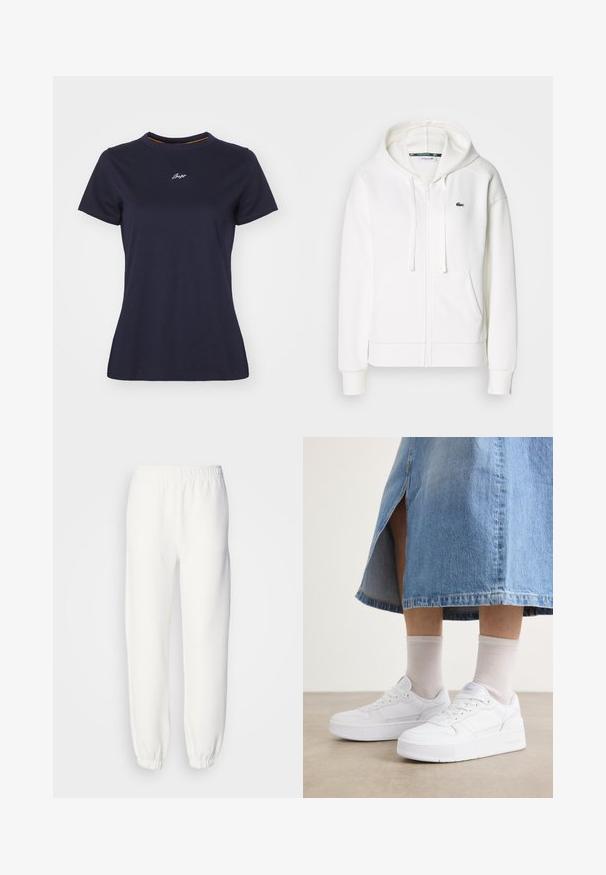 White zip-up hoodie made of soft fabric, featuring a hood, kangaroo pockets, and a small green Lacoste logo on the left chest.; Navy blue cotton t-shirt with a round neck, short sleeves, and a small white embroidered logo on the chest. Smooth texture.; White sweatpants made of soft, knitted fabric. Elastic waistband and cuffs provide a relaxed fit. Minimalist design, no visible patterns or accents.; White sneakers with textured leather, featuring a platform sole, round toe, and lacing system; paired with light gray crew socks and a denim skirt.