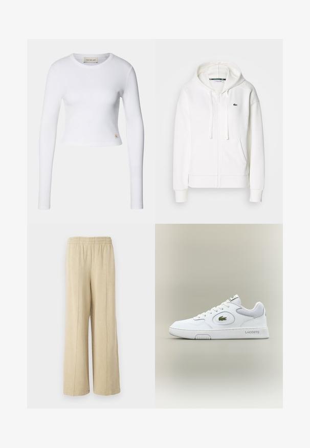 Weißer Reißverschluss-Hoodie aus weichem Stoff, mit Kapuze, Kängurutaschen und einem kleinen grünen Lacoste-Logo auf der linken Brust.; Weißes Langarm-Crop-Top aus geripptem Stoff. Verfügt über einen runden Halsausschnitt und ein kleines Logo-Tag auf der linken unteren Seite.; Beige weit geschnittene Hose mit einem elastischen Bund und sichtbaren Seitennähten. Hergestellt aus weichem Stoff mit glatter Textur.; Weiße Leder Sneaker mit Mesh-Akzenten, runder Zehenpartie und flachen Schnürsenkeln. Mit grünem Krokodil-Logo und "LACOSTE"-Branding an der Ferse.