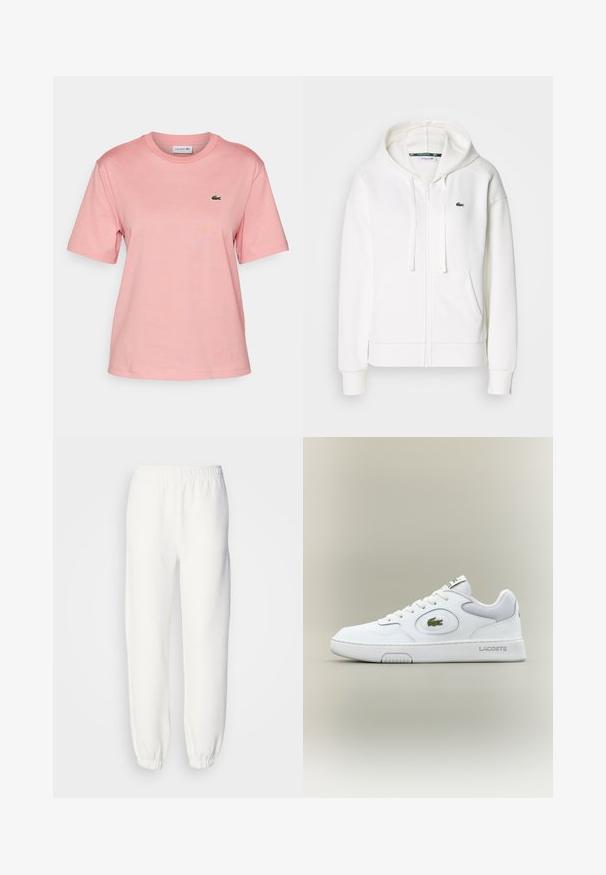 Hanorac alb cu fermoar, realizat dintr-un material moale, având glugă, buzunare tip cangur și un mic logo verde Lacoste pe partea stângă a pieptului.; Lacoste Tricou basic - tourmaline; Pantaloni de trening albi dintr-un material tricotat moale. Talie și manșete elastice pentru un confort sporit. Design minimalist, fără modele sau accente vizibile.; Adidași din piele albă cu accente din plasă, vârf rotund și șireturi plate. Prezintă un logo de crocodil verde și branding "LACOSTE" pe călcâi.