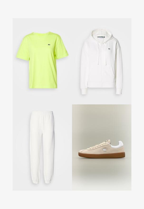 Sudadera blanca con cremallera hecha de tela suave, que cuenta con una capucha, bolsillos tipo canguro y un pequeño logo verde de Lacoste en el lado izquierdo del pecho.; Lacoste Camiseta básica - firefly; Pantalones de chándal blancos hechos de un suave tejido de punto. La cintura y los puños elásticos ofrecen un ajuste relajado. Diseño minimalista, sin patrones o acentos visibles.; Zapatillas de ante beige con acentos blancos y suela de goma. Presentan un logo elevado en el lateral y cordones beige en contraste. Diseño clásico.