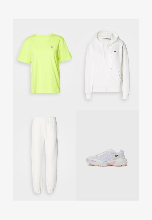 Valkoinen vetoketjuhuppari, joka on valmistettu pehmeästä kankaasta. Tässä hupparissa on huppu, kengurupocketit ja pieni vihreä Lacosten logo vasemmalla rinnalla.; Lacoste T-paita - firefly; Valkoiset collegehousut, jotka on valmistettu pehmeästä neulottusta kankaasta. Joustava vyötärö ja hihansuut tarjoavat rennon istuvuuden. Minimalistinen muotoilu, ei näkyviä kuvioita tai yksityiskohtia.; Valkoiset urheilusukkapohjat, joissa on teksturoitu verkkopinta, hillityt vaaleanpunaiset korostukset pohjassa ja vihreä krokotiililogo sivulla.