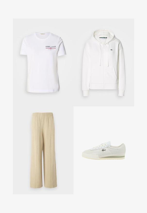 Witte zip-up hoodie gemaakt van zachte stof, met een capuchon, kangoeroezakken en een klein groen Lacoste-logo op de linkerborst.; Witte katoenen t-shirt met ronde hals, korte mouwen en een logo aan de voorkant met "GANT 1949" in marineblauw en rood, met horizontale strepen.; Beige wijde broek met een elastische tailleband en zichtbare zijkanten. Gemaakt van zachte stof met een gladde textuur.; Witte leren sneakers met textuuraccenten, een groene zoolstreep en een vetersluiting. Bevat een klein metallic logo aan de zijkant.