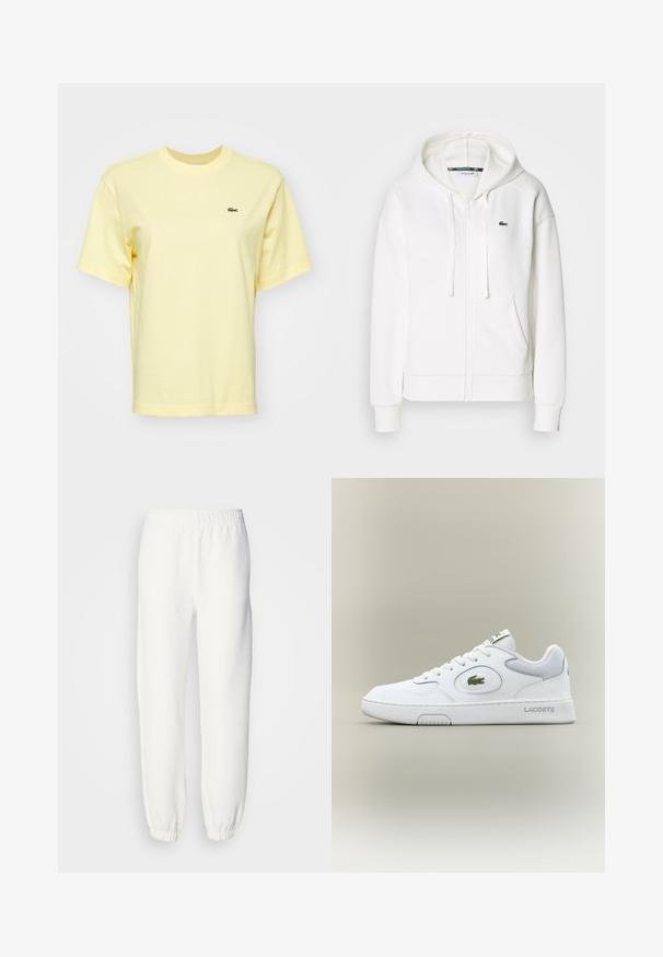 White zip-up hoodie made of soft fabric, featuring a hood, kangaroo pockets, and a small green Lacoste logo on the left chest.; Light yellow cotton t-shirt with short sleeves. Features a small green crocodile logo on the left chest. Classic crew neck design.; White sweatpants made of soft, knitted fabric. Elastic waistband and cuffs provide a relaxed fit. Minimalist design, no visible patterns or accents.; White leather sneaker with mesh accents, round toe, and flat laces. Features a green crocodile logo and "LACOSTE" branding on the heel.