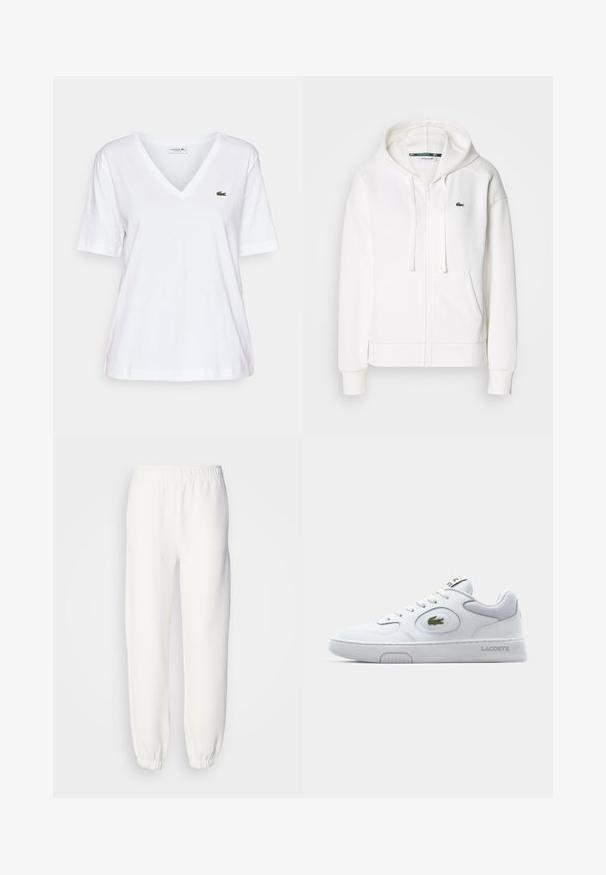 White zip-up hoodie made of soft fabric, featuring a hood, kangaroo pockets, and a small green Lacoste logo on the left chest.; White V-neck t-shirt made of cotton with short sleeves, featuring a small green crocodile logo on the left chest. Simple design and lightweight.; White sweatpants made of soft, knitted fabric. Elastic waistband and cuffs provide a relaxed fit. Minimalist design, no visible patterns or accents.; White sneaker with synthetic upper, round toe, and perforated accents. Features a green embroidered logo, flat laces, and textured outsole.