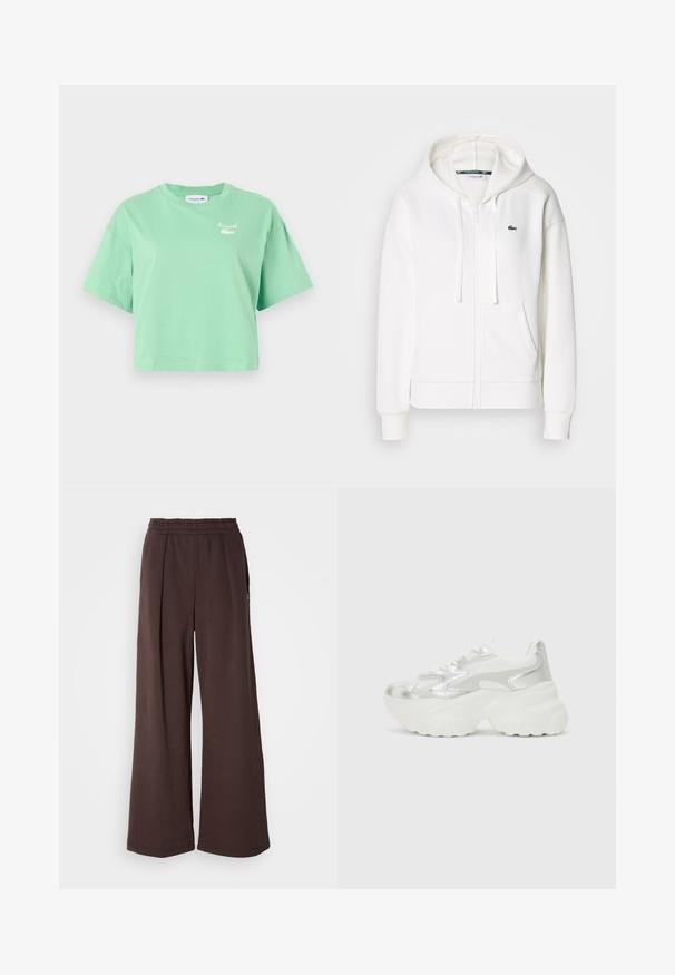 Sweatshirt branca com fecho éclair, feita de um tecido macio, com capuz, bolsos tipo canguru e um pequeno logótipo verde da Lacoste no lado esquerdo do peito.; T-shirt cropped verde menta em algodão, com mangas curtas e decote redondo. Apresenta o logótipo branco da Lacoste no peito.; Calças largas castanhas com um cós elástico e bolsos laterais. Feitas de um tecido macio com uma textura suave e um design limpo e simples.; Sapatilha prateada com um cabedal em malha texturizada e detalhes iridescentes, apresentando uma sola branca robusta e fecho de atacador.