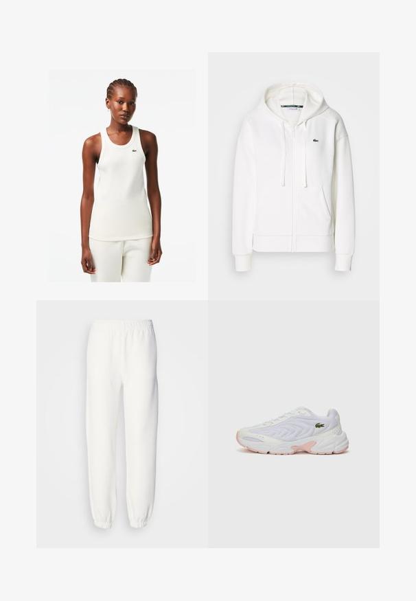 Fehér cipzáras kapucnis pulóver, puha anyagból, kapucnival, kenguru zsebekkel és egy kis zöld Lacoste logóval a bal mellen.; Fehér bordázott ujjatlan felső kerek nyakkivágással és zöld Lacoste logóval a mellkason, párosítva hozzá illő fehér nadrággal.; Fehér melegítőnadrág puha, kötött anyagból. Rugalmas derékpánt és szegélyek lazán illeszkednek. Minimalista dizájn, látható minták vagy díszítések nélkül.; Fehér sportcipők textúrált hálós felsőrésszel, diszkrét rózsaszín akcentussal a talpon és zöld krokodil logóval az oldalon.