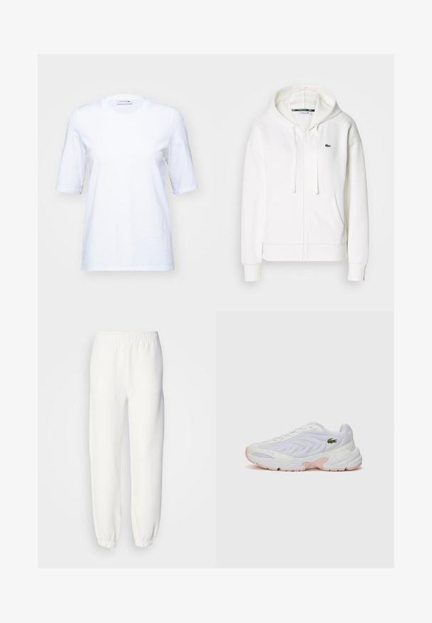Bílá mikina na zip vyrobená z měkké látky, s kapucí, klokankovými kapsami a malým zeleným logem Lacoste na levé straně hrudi.; Bílá bavlněná tričko s krátkými rukávy, kulatým výstřihem a subtilním vyšitým logem na hrudi. Hladká textura, klasický střih.; Bílé tepláky vyrobené z měkké pleteniny. Elastický pás a manžety zajišťují pohodlný střih. Minimalistický design, žádné viditelné vzory nebo akcenty.; Bílé sportovní boty s texturovaným meshovým svrškem, jemnými růžovými akcenty na podrážce a zeleným krokodýlím logem na boku.