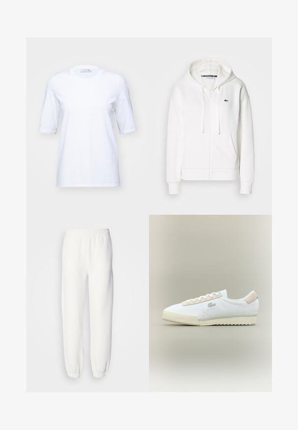 White zip-up hoodie made of soft fabric, featuring a hood, kangaroo pockets, and a small green Lacoste logo on the left chest.; White cotton T-shirt with short sleeves, round neckline, and a subtle embroidered logo on the chest. Smooth texture, classic fit.; White sweatpants made of soft, knitted fabric. Elastic waistband and cuffs provide a relaxed fit. Minimalist design, no visible patterns or accents.; White leather sneaker with a beige suede accent. Features a rounded toe, flat laces, and a textured sole. Lacoste logo on side.