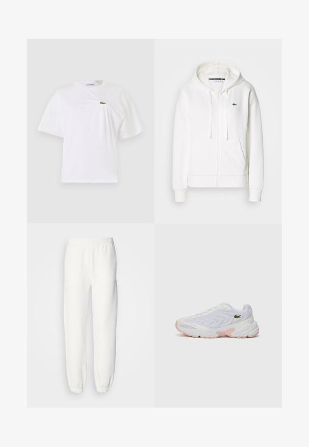 Sweatshirt branca com fecho éclair, feita de um tecido macio, com capuz, bolsos tipo canguru e um pequeno logótipo verde da Lacoste no lado esquerdo do peito.; T-shirt branco de algodão com corte relaxado, apresentando um pequeno logótipo verde bordado no peito. Manga curta e decote arredondado.; Calças de fato de treino brancas feitas de um tecido malha suave. A cintura elástica e os punhos proporcionam um ajuste relaxado. Design minimalista, sem padrões ou acentos visíveis.; Tênis atléticos brancos com um cabedal de malha texturizada, detalhes em rosa suave na sola e um logótipo de crocodilo verde na lateral.