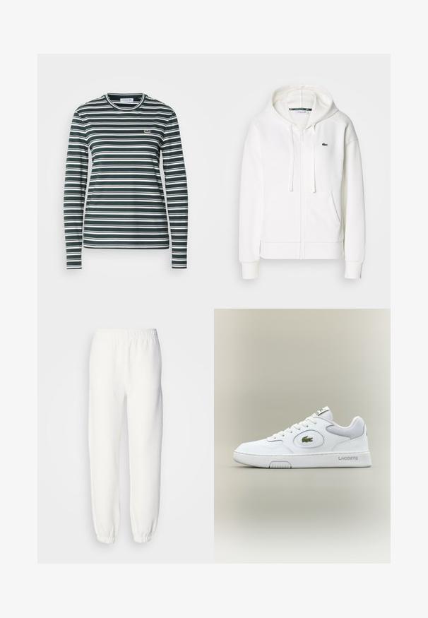 White zip-up hoodie made of soft fabric, featuring a hood, kangaroo pockets, and a small green Lacoste logo on the left chest.; Long-sleeve, crew-neck shirt with dark green and white horizontal stripes. Features a small embroidered logo on the chest. Soft fabric.; White sweatpants made of soft, knitted fabric. Elastic waistband and cuffs provide a relaxed fit. Minimalist design, no visible patterns or accents.; White leather sneaker with mesh accents, round toe, and flat laces. Features a green crocodile logo and "LACOSTE" branding on the heel.