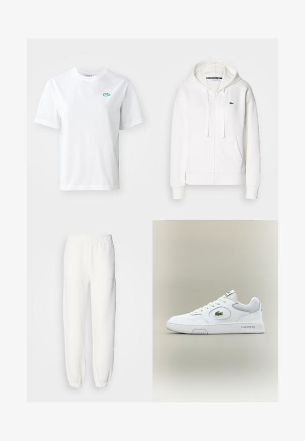 Valkoinen vetoketjuhuppari, joka on valmistettu pehmeästä kankaasta. Tässä hupparissa on huppu, kengurupocketit ja pieni vihreä Lacosten logo vasemmalla rinnalla.; Valkoinen puuvillapaita, jossa on lyhyet hihat, pyöreä pääntie ja pieni vihreä brodeerattu krokotiililogo vasemmassa rintataskussa.; Valkoiset collegehousut, jotka on valmistettu pehmeästä neulottusta kankaasta. Joustava vyötärö ja hihansuut tarjoavat rennon istuvuuden. Minimalistinen muotoilu, ei näkyviä kuvioita tai yksityiskohtia.; Valkoinen nahkainen tennari verkkokudoksilla, pyöreällä kärjellä ja tasaisilla nauhoilla. Varustettu vihreällä krokotiililogolla ja "LACOSTE" -brändillä kantapäässä.