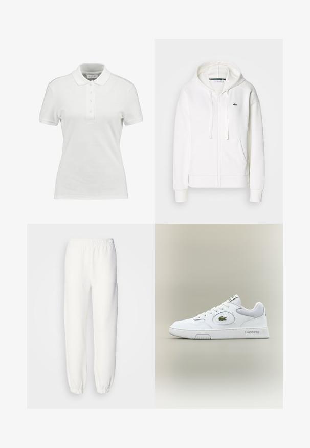 Fehér cipzáras kapucnis pulóver, puha anyagból, kapucnival, kenguru zsebekkel és egy kis zöld Lacoste logóval a bal mellen.; Fehér, textúrált pamut póló, klasszikus gallérral, három gombos nyakkal, és egy apró Lacoste logóval a mellkason.; Fehér melegítőnadrág puha, kötött anyagból. Rugalmas derékpánt és szegélyek lazán illeszkednek. Minimalista dizájn, látható minták vagy díszítések nélkül.; Fehér bőr sneaker hálós részletekkel, kerek orral és lapos fűzőkkel. Zöld krokodil logóval és "LACOSTE" felirattal a saroknál.