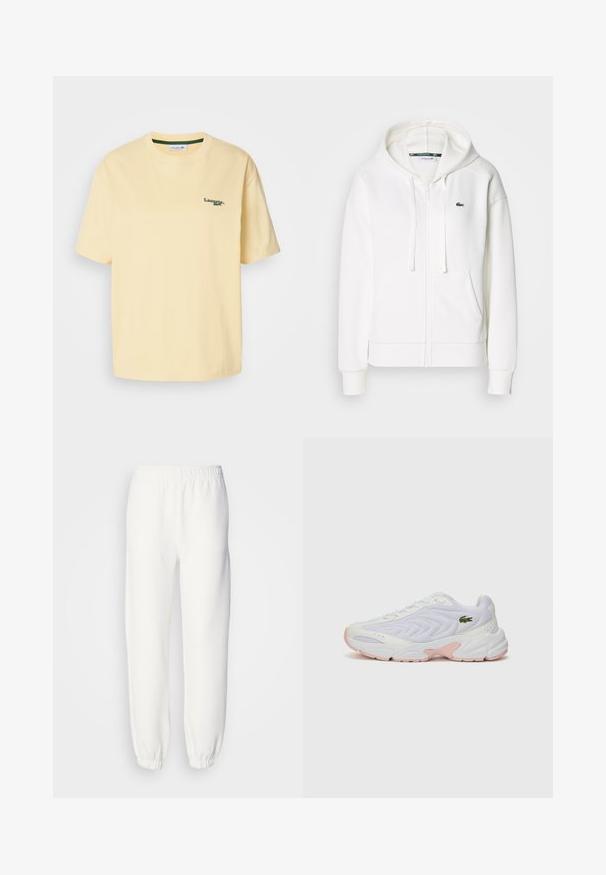 Biely zipsový mikina vyrobená z mäkkej tkaniny, s kapucňou, klokankovými vreckami a malým zeleným logom Lacoste na ľavej hrudi.; Žlté bavlnené tričko s voľným strihom, krátkymi rukávmi a zeleným vyšitým logom na ľavej hrudi. Hladká textúra, okrúhly výstrih.; Biele tepláky vyrobené z mäkkej pletenej tkaniny. Elastický pás a manžety zabezpečujú uvoľnené nosenie. Minimalistický dizajn, bez viditeľných vzorov alebo akcentov.; Biele športové topánky s textúrovaným sieťovým zvrškom, jemné ružové akcenty na podrážke a zelené logo krokodíla po boku.