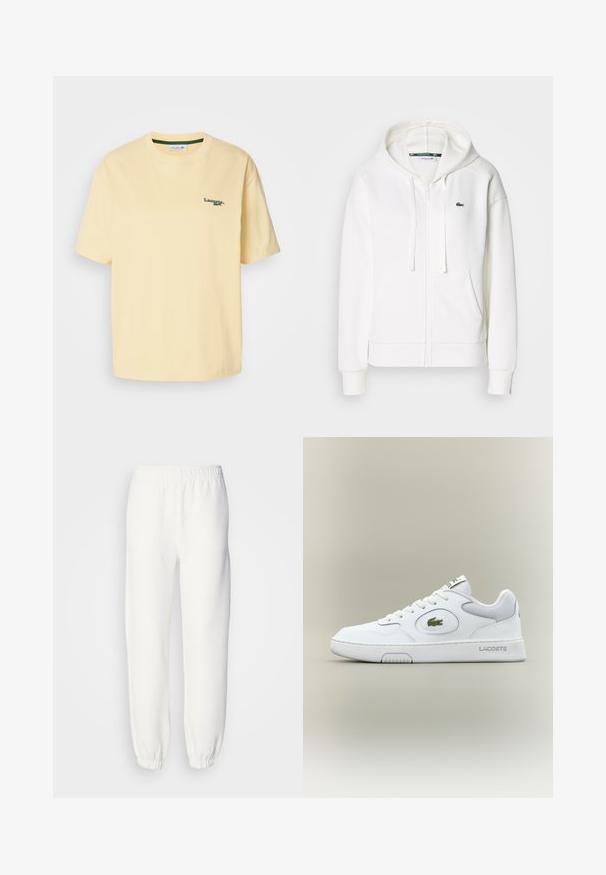 Felpa bianca con zip realizzata in tessuto morbido, dotata di cappuccio, tasche a marsupio e un piccolo logo verde di Lacoste sul lato sinistro del petto.; T-shirt in cotone giallo con vestibilità rilassata, maniche corte e logo ricamato verde sul lato sinistro del petto. Texture liscia, colletto a giro.; Pantaloni della tuta bianchi realizzati in morbido tessuto lavorato a maglia. La vita e i polsini elasticizzati offrono una vestibilità rilassata. Design minimalista, senza motivi o accenti visibili.; Sneaker bianca in pelle con accenti in rete, punta tonda e lacci piatti. Presenta un logo in coccodrillo verde e il marchio "LACOSTE" sul tallone.