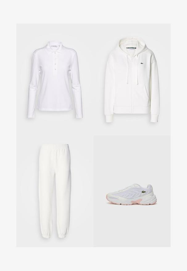 Weißer Reißverschluss-Hoodie aus weichem Stoff, mit Kapuze, Kängurutaschen und einem kleinen grünen Lacoste-Logo auf der linken Brust.; Weißes Langarm-Polohemd aus Baumwollmischung, mit Knopfleiste und kleinem, gesticktem Logo auf der Brust. Sanfte Textur.; Weiße Sweatpants aus weichem, gestricktem Stoff. Der elastische Bund und die Bündchen sorgen für eine bequeme Passform. Minimalistisches Design, ohne sichtbare Muster oder Akzente.; Weiße Sportschuhe mit einem strukturierten Mesh-Obermaterial, dezenten rosa Akzenten an der Sohle und einem grünen Krokodil-Logo an der Seite.