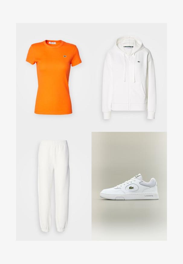 Fehér cipzáras kapucnis pulóver, puha anyagból, kapucnival, kenguru zsebekkel és egy kis zöld Lacoste logóval a bal mellen.; Lacoste Basic póló - buoy; Fehér melegítőnadrág puha, kötött anyagból. Rugalmas derékpánt és szegélyek lazán illeszkednek. Minimalista dizájn, látható minták vagy díszítések nélkül.; Fehér bőr sneaker hálós részletekkel, kerek orral és lapos fűzőkkel. Zöld krokodil logóval és "LACOSTE" felirattal a saroknál.