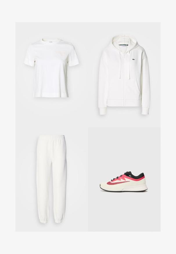 Balts zip-up kapuci džemperis, izgatavots no mīkstas auduma, ar kapuci, kangoru kabatām un mazu zaļu Lacoste logotipu kreisajā krūtī.; Balta īsām piedurknēm t-krekls no kokvilnas ar apaļu kaklu, uz kreisā krūšu apgabala ar gaiši rozā tekstu "BJÖRN BORG".; Baltās sporta bikses, kas izgatavotas no mīksta adīta auduma. Elastīga josta un piedurknes nodrošina brīvu piegriezumu. Minimālistisks dizains, bez redzamām rakstu vai akcentu detaļām.; Skriešanas apavi ar krēmveida augšdaļu, sarkaniem un melniem akcentiem, kā arī teksturētu virsmu. Piedāvā melnas auklas un polsterētu zolīti ērtībai.