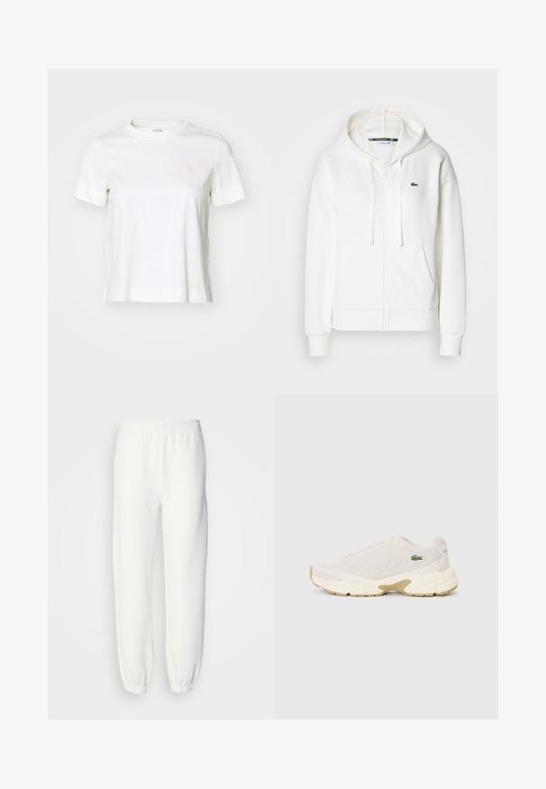 White zip-up hoodie made of soft fabric, featuring a hood, kangaroo pockets, and a small green Lacoste logo on the left chest.; White short-sleeve t-shirt made of cotton with a round neck, featuring light pink text "BJÖRN BORG" on the left chest area.; White sweatpants made of soft, knitted fabric. Elastic waistband and cuffs provide a relaxed fit. Minimalist design, no visible patterns or accents.; Lacoste sneakers in cream mesh upper with textured wave pattern, beige accents, and subtle logo on side. Thick white midsole and rubber outsole.